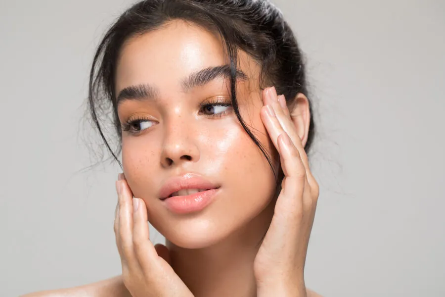 Close up of model with clear skin